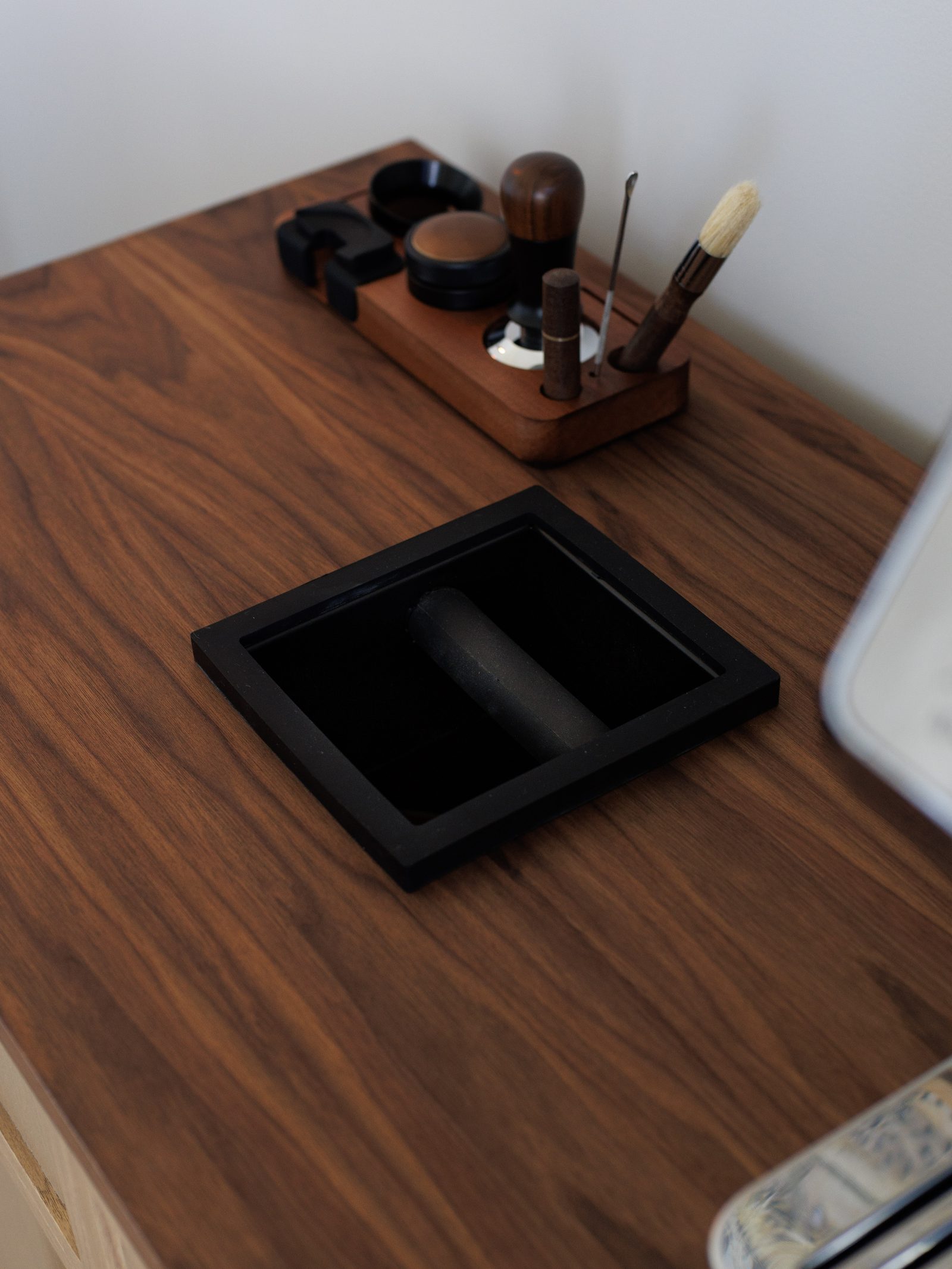 Valterra Series 01 coffee station in solid oak with walnut top and brass pulls