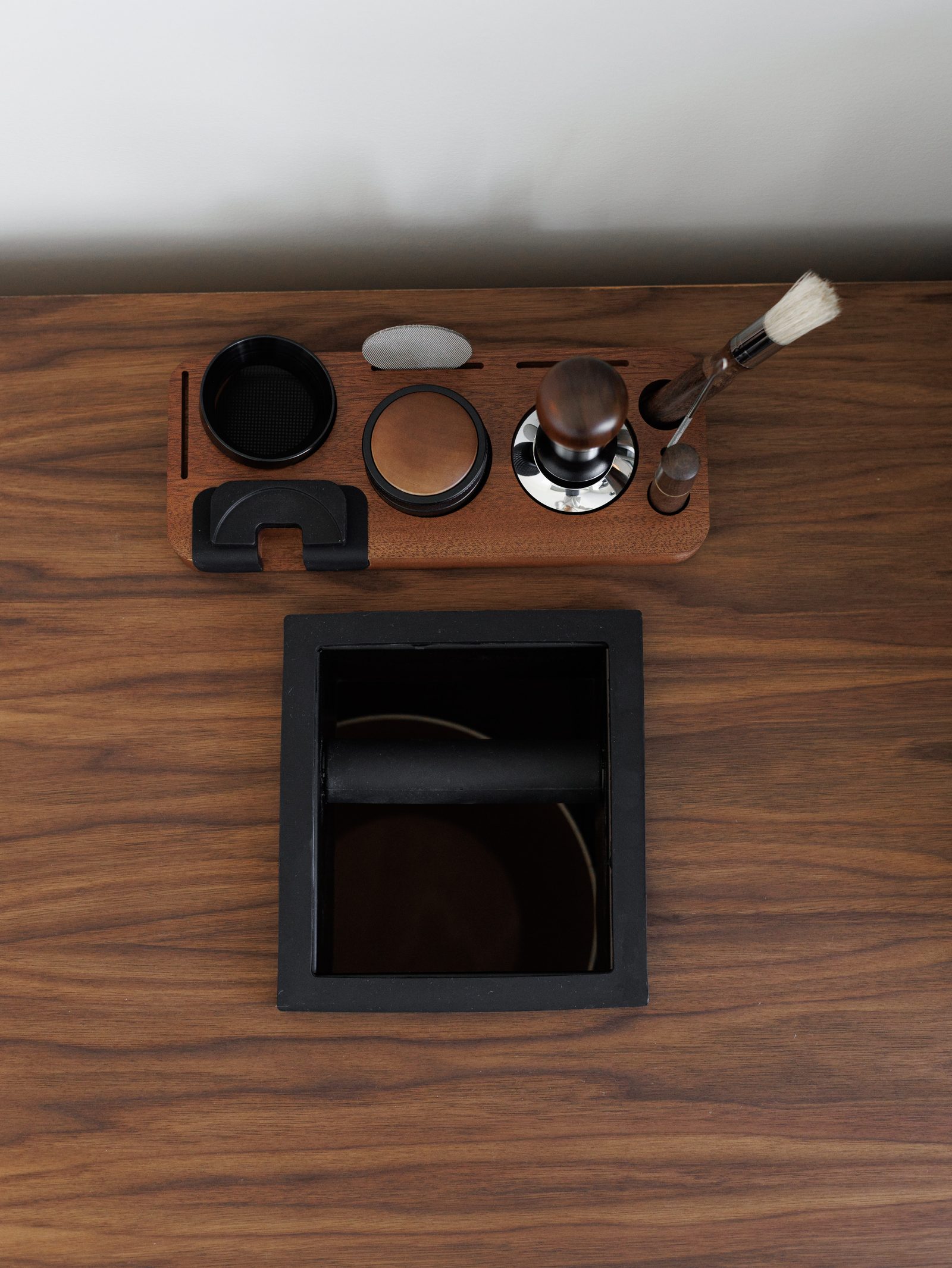 Side profile of the Valterra coffee station showing solid oak construction